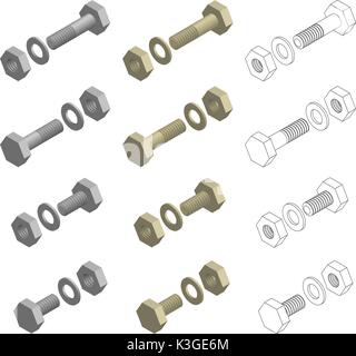 Nuts Bolts Screws Washers Hardware Isometric Set Stock Vector