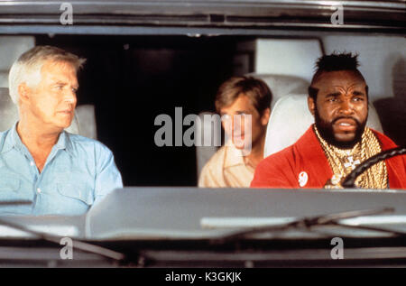 THE A-TEAM GEORGE PEPPARD as Hannibal Smith, DIRK BENEDICT as Faceman, MR T as BA Baracus Stock Photo