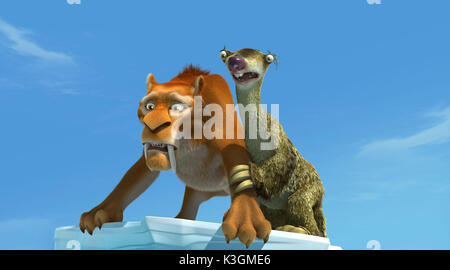 ICE AGE 2 THE MELTDOWN Diego the saber-toothed tiger and Sid the Sloth (voiced by John Leguizamo). Stock Photo