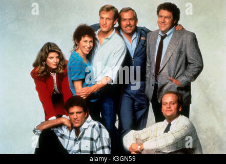 CHEERS KIRSTIE ALLEY as Rebecca Howe, RHEA PERLMAN as Carla Tortelli, WOODY HARRELSON as Woody Boyd, JOHN RATZENBERGER as Cliff Clavin, GEORGE WENDT as Norm Peterson [Front] TED DANSON as Sam Malone, KELSEY GRAMMER as Dr Frasier Crane Stock Photo