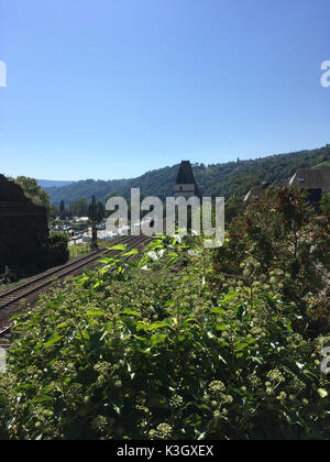 Bacharach on Rhine, Germany, view from railroad tracks into landscape Stock Photo