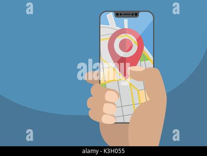 Concept of location / GPS based services on mobile devices. Current location symbol displayed on frameless touchscreen. Hand holding modern bezel-free Stock Vector