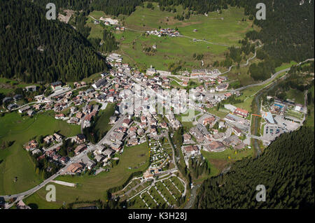 Campitello in Val di Fassa, dolomites, aerial picture, mountain village, Trentino, Italy Stock Photo