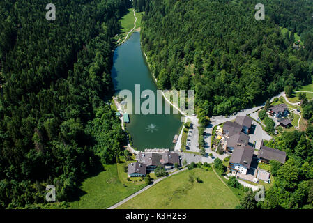 Rissersee, Risserseehotel, Garmisch-Partenkirchen, aerial picture, Germany, Bavaria, Upper Bavaria, Bavarian alps, Werdenfelser Land Stock Photo