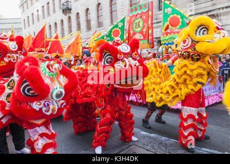 England, London, Chinatown, Chinese New Year Parade, Lion Dance Stock Photo