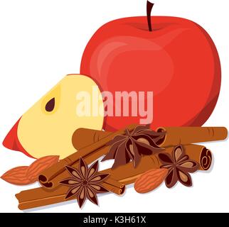 Apples, almond and fragrant spices. Stock Vector