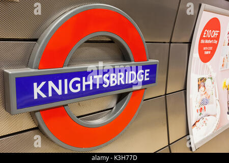England, London, The Underground, Knightsbridge Station Sign Stock Photo