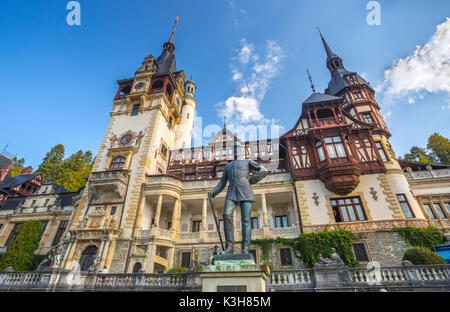 Romania, Prahova, Sinaia City, Peles Castle, Carol I statue, Stock Photo