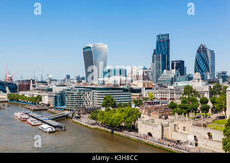 England, London, City Skyline and Thames River from Tower Bridge