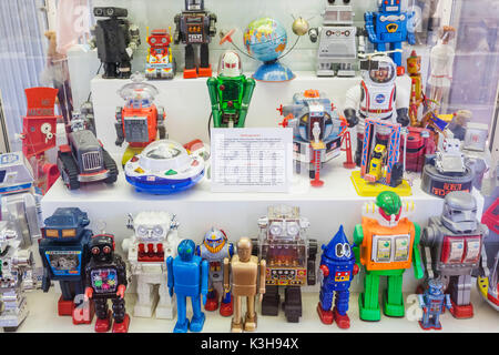 Germany, Bavaria, Munich, Marienplatz, Old Town Hall, The Toy and Teddy Museum (Spielzeugmuseum), Exhibit of Vintage Toy Robots Stock Photo
