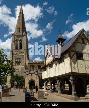 St Dionysius Church and The Old Grammar School in Market Harborough town centre, Leicestershire, England, UK. Stock Photo