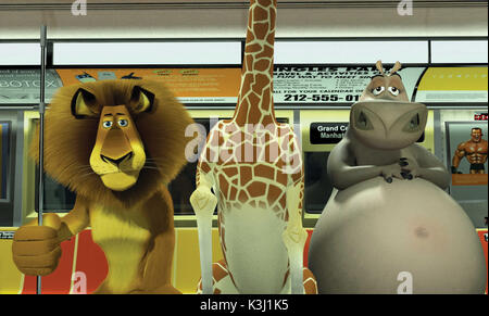 MADAGASCAR  Pictured: Alex the Lion (BEN STILLER), Melman the Giraffe (DAVID SCHWIMMER) and Gloria the Hippo (JADA PINKETT SMITH) have a hard time passing as any other commuter on the New York subway in DreamWorks Animation's computer-animated comedy MADAGASCAR.    MADAGASCAR [US 2005]  Alex the Lion (BEN STILLER), Melman the Giraffe (DAVID SCHWIMMER) and Gloria the Hippo (JADA PINKETT SMITH) have a hard time passing as any other commuter on the New York subway Stock Photo