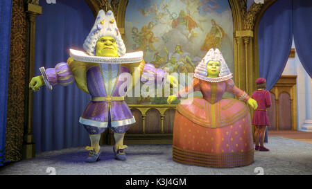 Shrek and Fiona (CAMERON DIAZ) find their new roles as members of the royal household (and the new royal clothes that go along with the responsibility) somewhat ill-fitting in DreamWorks? SHREK THE THIRD, to be released by Paramount Pictures in May 2007. DreamWorks Animation S.K.G. Presents a PDI/DreamWorks Production, ?Shrek the Third.? Directed by Chris Miller, the film features the voice talents o     Date: 2007 Stock Photo