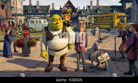 Shrek , Puss In Boots (ANTONIO BANDERAS) and Donkey (EDDIE MURPHY) are on a hero?s quest to find a new King for Far Far Away, as long as that King does not turn out to be Shrek. The trail leads them to visit with Fiona?s 16-year-old underachiever cousin Artie (JUSTIN TIMBERLAKE)?otherwise known as Arthur Pendragon, a student at a Medieval high school?in DreamWorks? SHREK THE THIRD, to be released by Pa Stock Photo