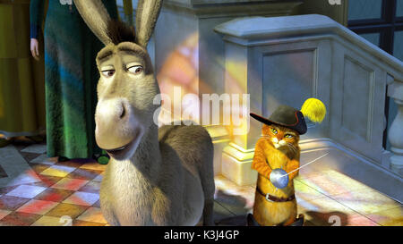 Donkey and Puss In Boots (ANTONIO BANDERAS) are Shrek?s stalwart companions in DreamWorks? SHREK THE THIRD, to be released by Paramount Pictures in May 2007. DreamWorks Animation S.K.G. Presents a PDI/DreamWorks Production, ?Shrek the Third.? Directed by Chris Miller, the film features the voice talents of Mike Myers, Eddie Murphy, Cameron Diaz, Antonio Banderas, Rupert Everett, Justin Timberlake, Jul     Date: 2007 Stock Photo