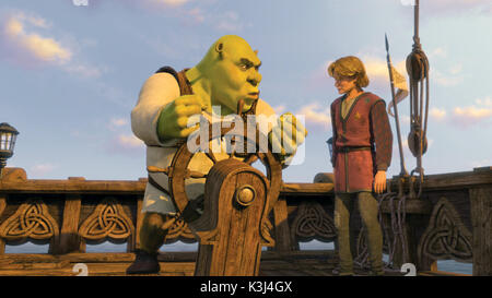 Shrek provides instruction in seamanship to Fiona?s 16-year-old underachiever cousin Artie (JUSTIN TIMBERLAKE)?otherwise known as Arthur Pendragon, a student at the Worcestershire Academy who is tapped for a royal position in Far Far Away?in DreamWorks? SHREK THE THIRD, to be released by Paramount Pictures in May 2007. DreamWorks Animation S.K.G. Presents a PDI/DreamWorks Production, ?Shrek the Third. Stock Photo