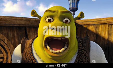 Shrek is unduly alarmed in DreamWorks? SHREK THE THIRD, to be released by Paramount Pictures in May 2007. DreamWorks Animation S.K.G. Presents a PDI/DreamWorks Production, ?Shrek the Third.? Directed by Chris Miller, the film features the voice talents of Mike Myers, Eddie Murphy, Cameron Diaz, Antonio Banderas, Rupert Everett, Justin Timberlake, Julie Andrews, John Cleese, Eric Idle, Cheri Oteri, Am     Date: 2007 Stock Photo