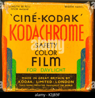 BOX FOR 16mm KODACHROME COLOUR MOVIE FILM made in Britain. This particular box is for daylight film for the tropics Stock Photo