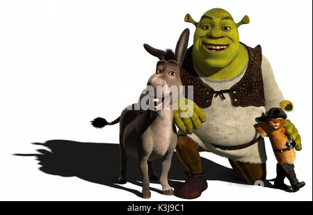 SHREK THE THIRD aka SHREK 3 Donkey voiced by EDDIE MURPHY, Shrek voiced by MIKE MYERS, Puss In Boots voiced by ANTONIO BANDERAS      Date: 2007 Stock Photo