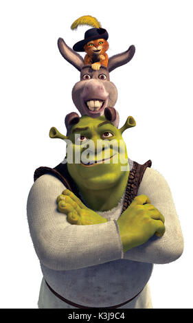 SHREK THE THIRD aka SHREK 3 Shrek voiced by MIKE MYERS , Donkey voiced by EDDIE MURPHY [centre], Puss In Boots voiced by ANTONIO BANDERAS [top]      Date: 2007 Stock Photo