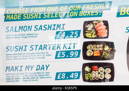 England, London, The City, Sushi Shop Take-away Menu Stock Photo