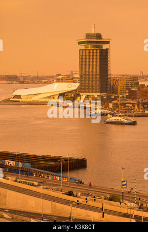 Netherlands, Amsterdam, elevated view of the EYE Film Institute and Twenty4 Amsterdam tower Stock Photo