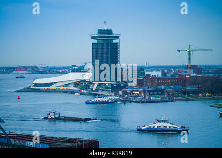 Netherlands, Amsterdam, elevated view of the EYE Film Institute and Twenty4 Amsterdam tower Stock Photo