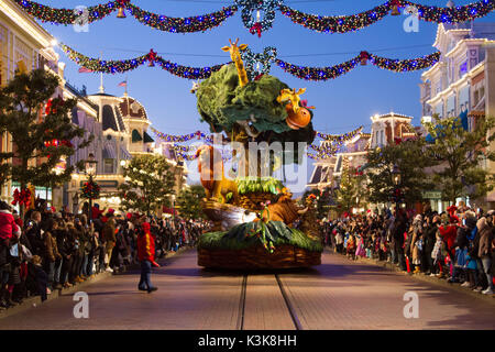 Disney's Christmas parade 'The lion king' at Disneyland Paris Marne La Vallee France Stock Photo