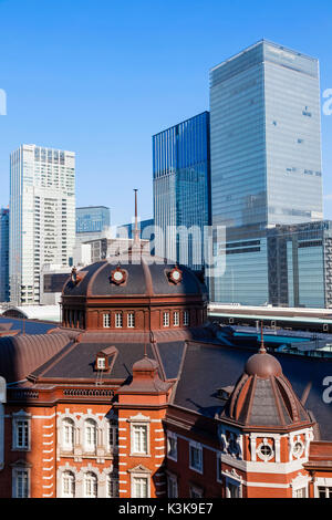 Japan, Hoshu, Tokyo, Marunouchi, Tokyo Station and Yaseu Area Skyline Stock Photo