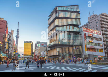 Japan, Tokyo City, Asakusa District, Asakusa Culture Information Center Bldg., Sky Tree Tower. Stock Photo