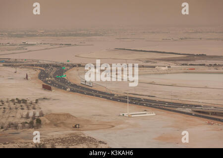 UAE, Dubai, Downtown Dubai, elevated desert and highway view towards Ras Al Khor