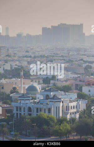 UAE, Abu Dhabi, elevated skyline view with mosque over Baynunah Street Stock Photo