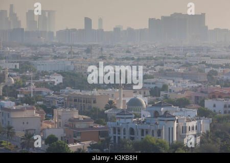 UAE, Abu Dhabi, elevated skyline view with mosque over Baynunah Street Stock Photo