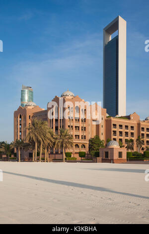 UAE, Abu Dhabi, skyline, ADNOC Tower, and Emirates Palace Hotel Stock Photo