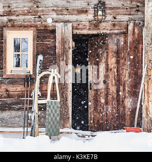 old farm door, ski, slide, snow shovel, snowfall, Stock Photo