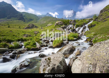 The first waterfalls of the great river Po' under the Monviso, Crissolo, Po' Valley, Cuneo District, Piedmont, Italy. Stock Photo