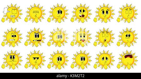 Cartoon sun holdin finger front of his mouth. Collection with sad faces. Expressions vector set. Stock Vector
