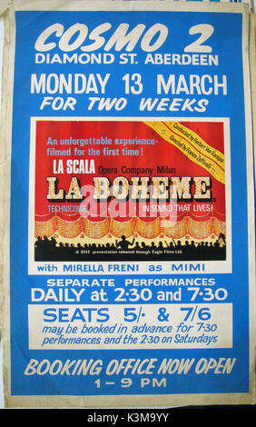 COSMO 2 CINEMA, 13-15 DIAMOND STREET, ABERDEEN. A 1967 poster for a film of LA BOHEME performed by the La Scala Opera Company Milan showing at COSMO 2, a cinema converted from stables, which had operated as a News Cinema from the 1930s although it latterly went through various name changes until becoming an off-shoot of The Cosmo Cinema, Rose Street, Glasgow, a repertory cinema with the highest reputation for showing the best of world cinema since its opening in 1939.             Date: Stock Photo