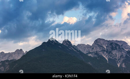 Italy, Veneto, Belluno, Dolomites. View of Monti del Sole and Piz de Mezodi as seen from Agordo Stock Photo