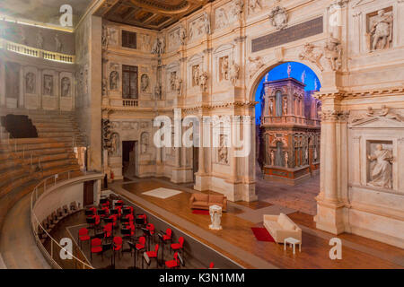 Teatro Olimpico interior in Vicenza, Italy Teatro Olimpico in Vicenza is the first ever covered theater in the world and was designed by famous Renaissance architect Andrea Palladio Stock Photo