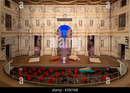 Teatro Olimpico interior in Vicenza, Italy Teatro Olimpico in Vicenza is the first ever covered theater in the world and was designed by famous Renaissance architect Andrea Palladio Stock Photo