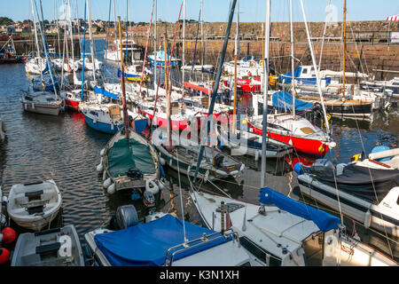 Sailboats, East Lothian Yacht club, moored in North Berwick harbour on sunny day, North Berwick, East Lothian, Scotland, United Kingdom Stock Photo