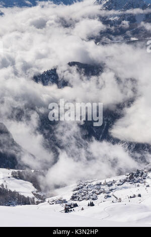 View of Chamois in winter from the Shrine Clavalite (Chamois, Valtournenche, Aosta province, Aosta Valley, Italy, Europe) Stock Photo