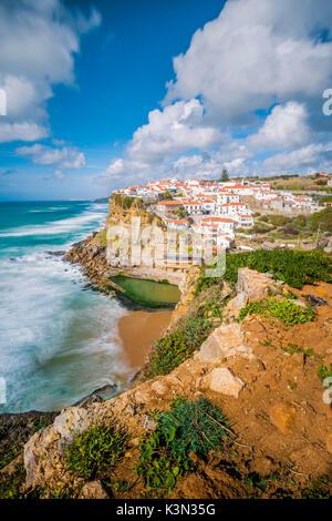 Azenhas do Mar, Colares, Sintra, Lisbon district, Portugal. Iconic view over the village on the cliff.