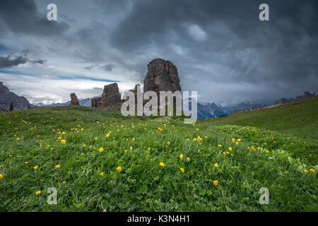 Cinque Torri, Dolomites, Veneto, Italy. Storm over the Cinque Torri. Stock Photo