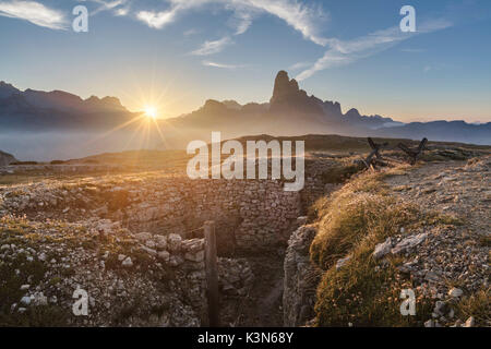 Europe, Italy, Veneto, Auronzo di Cadore. Trenches of the First World War on Mount Piana, Dolomites Stock Photo