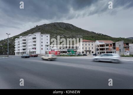 Eastern Europe, Mostar, Bosnia and Herzegovina.  New buildings and ruins along the streets of Mostar Stock Photo