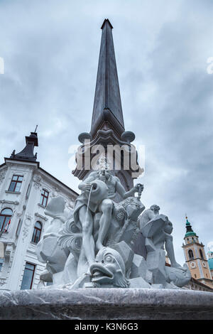 Europe, Slovenia, Ljubjana. Three Carniolan Rivers Fountain near the city hall Stock Photo