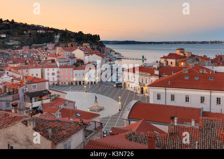 Europe, Slovenia, Istria, Piran. View on Tartini Square and the city center at dusk Stock Photo