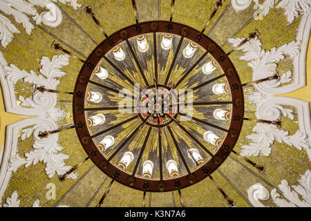 Russia, Moscow, Komsomolskaya Metro. Antique chandelier shot from below. Stock Photo